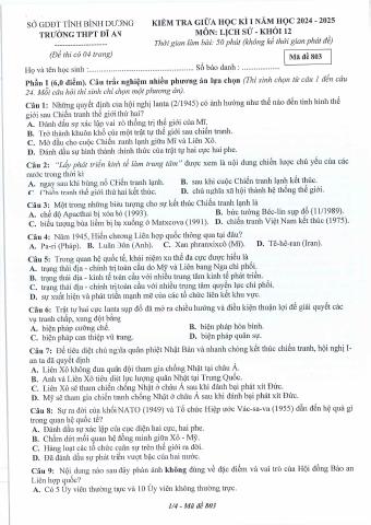 Đề thi Giữa kì 1 Lịch sử 12 năm 2024-2025 trường THPT Dĩ An (Bình Dương)